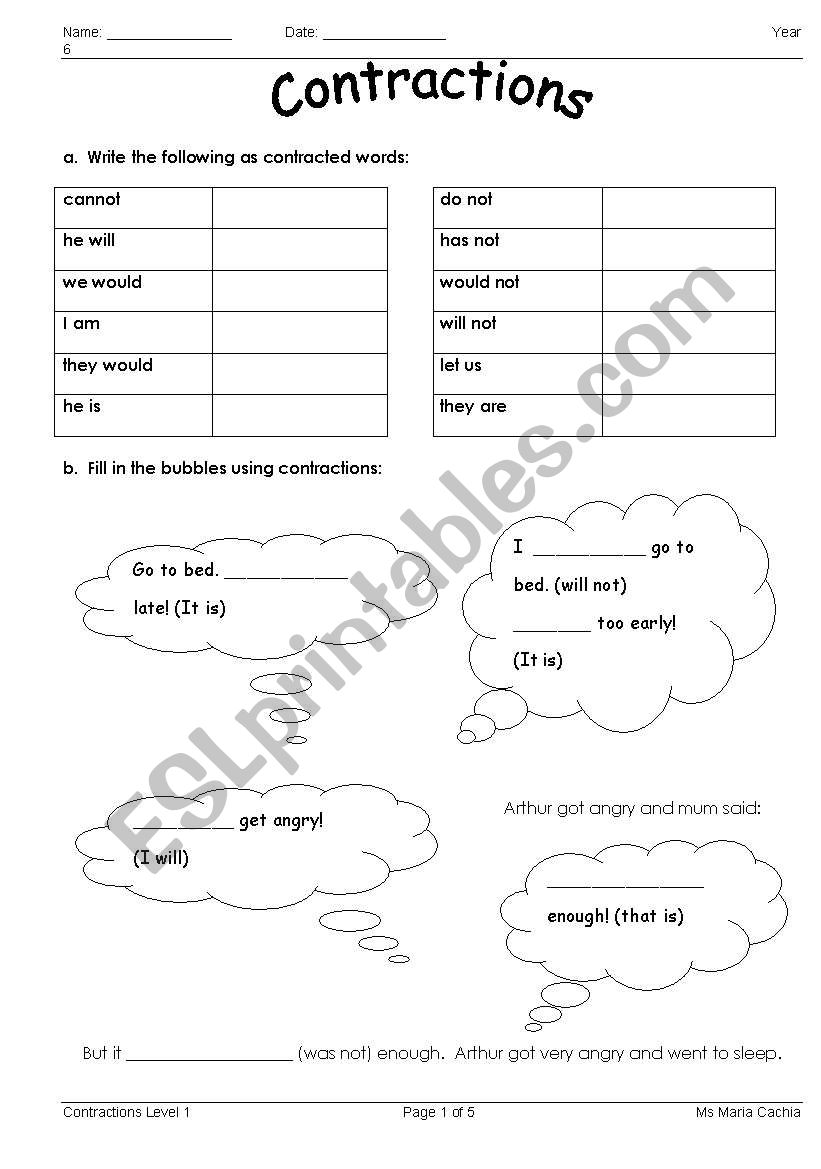 Contractions worksheet