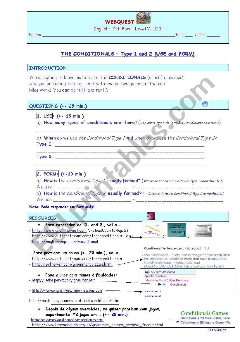 Webquest: Contional type 1 and 2