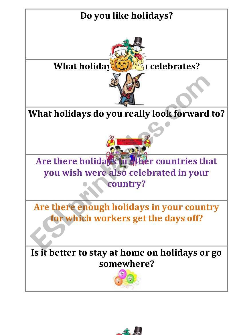 Speaking cards Holidays worksheet