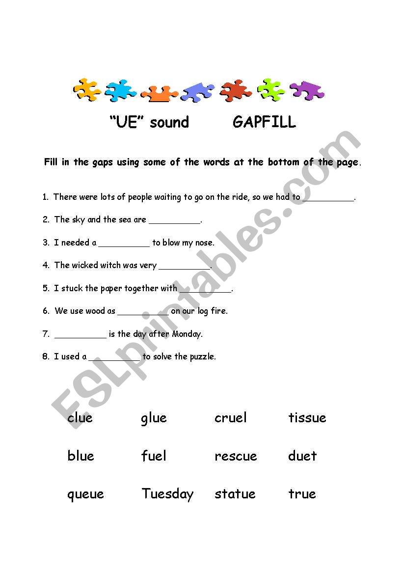 Long U sound - ue gapfill worksheet