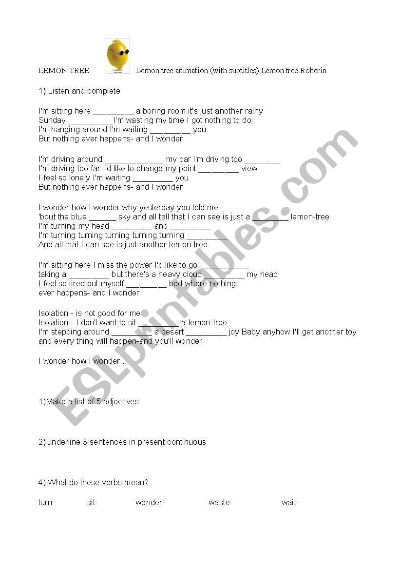 SONG: Lemon Tree worksheet