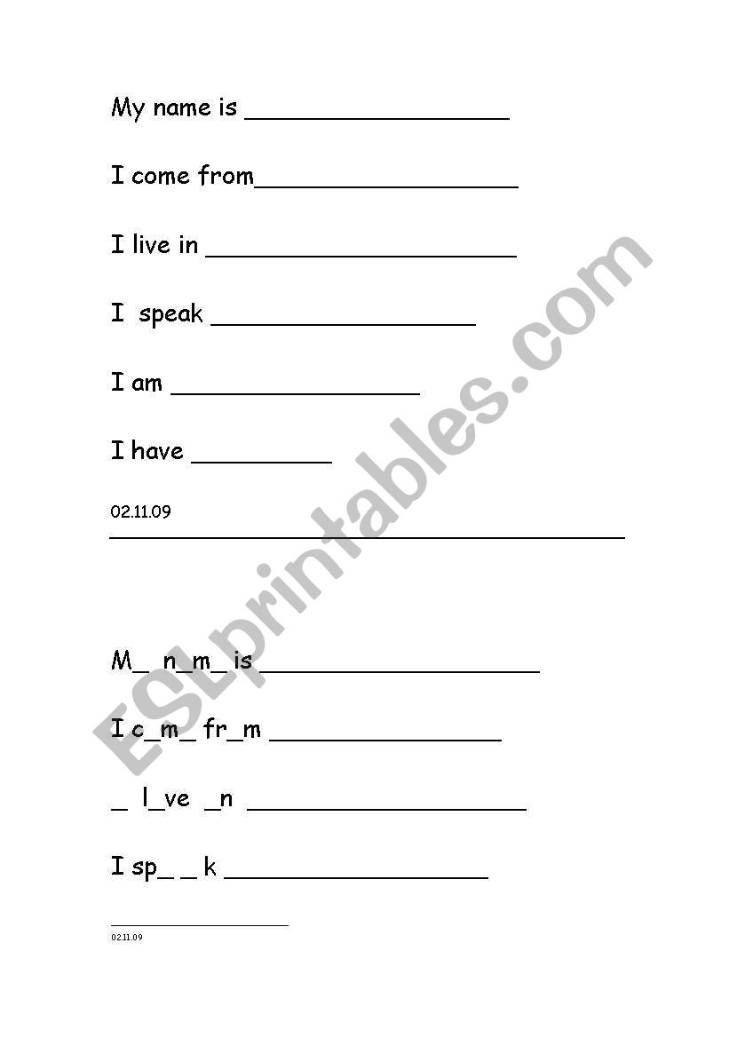 About Me worksheet