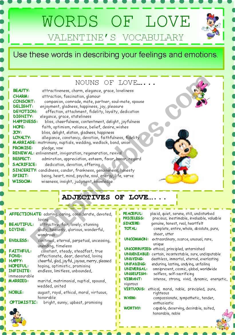 words of love worksheet