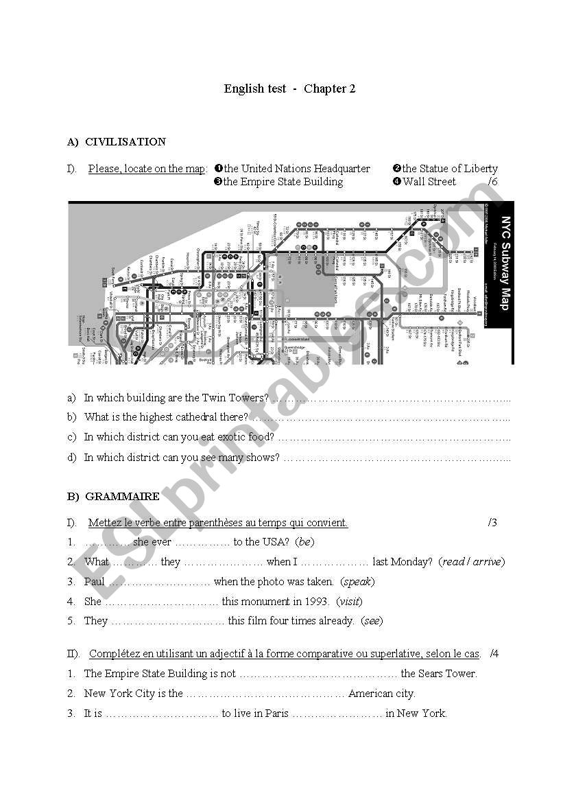 Test on the USA and New York worksheet