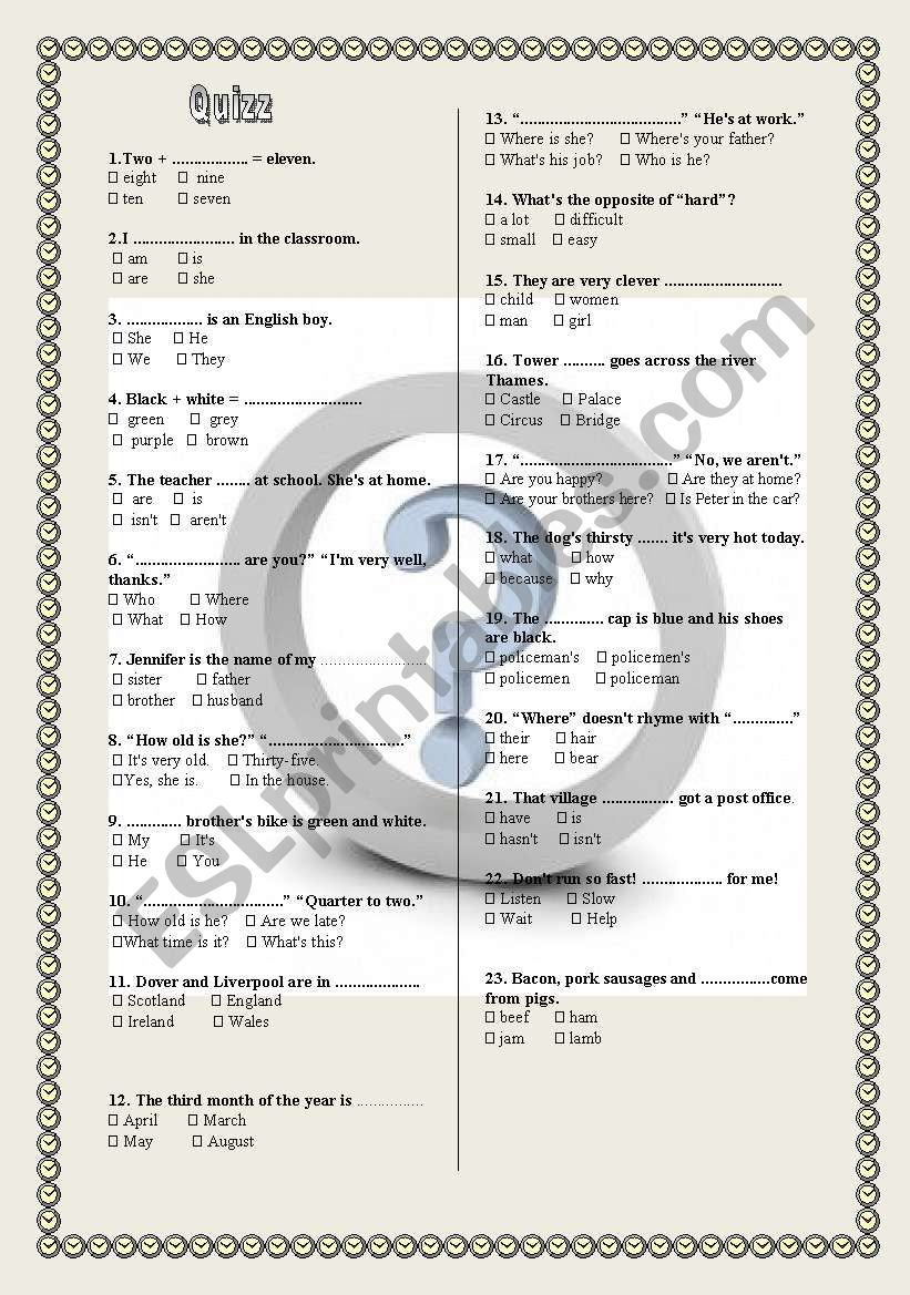 quizz worksheet