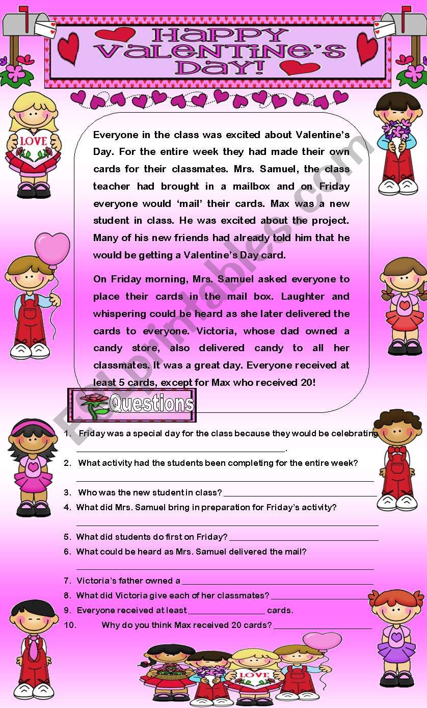 Comprehension - Valentine´s Day in the Classroom - ESL worksheet by Lyrill