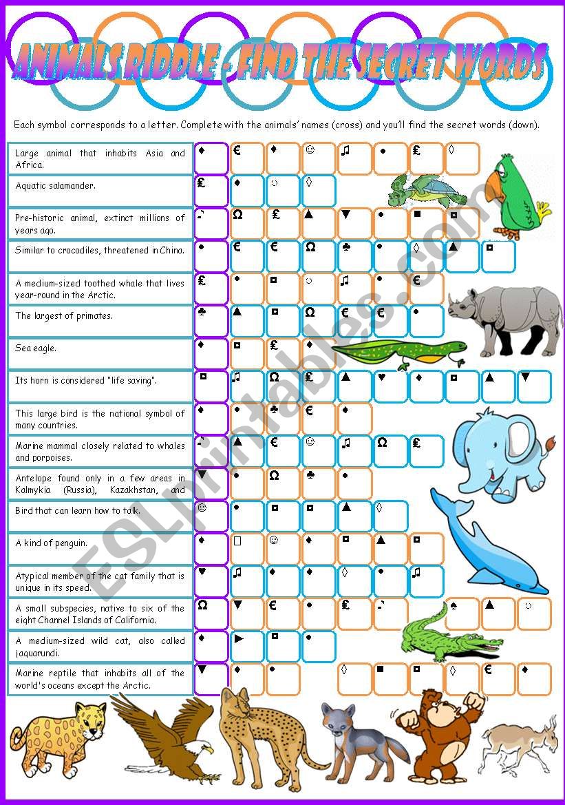 Animals Riddle  Vocabulary Game  Keys included  3 pages  Editable