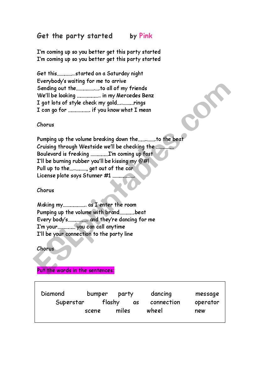 Get The Party Started By Pink - Esl Worksheet By Zora