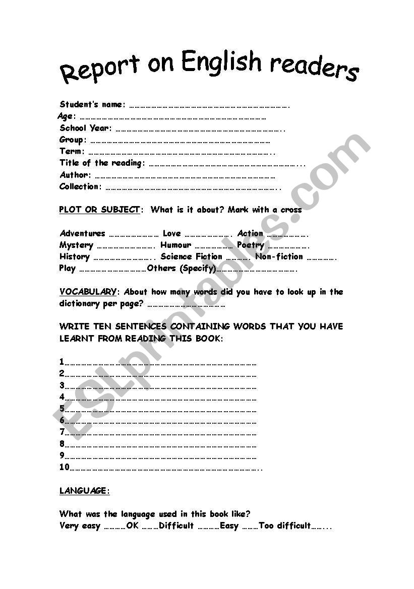 REPORT ON ENGLISH READERS worksheet