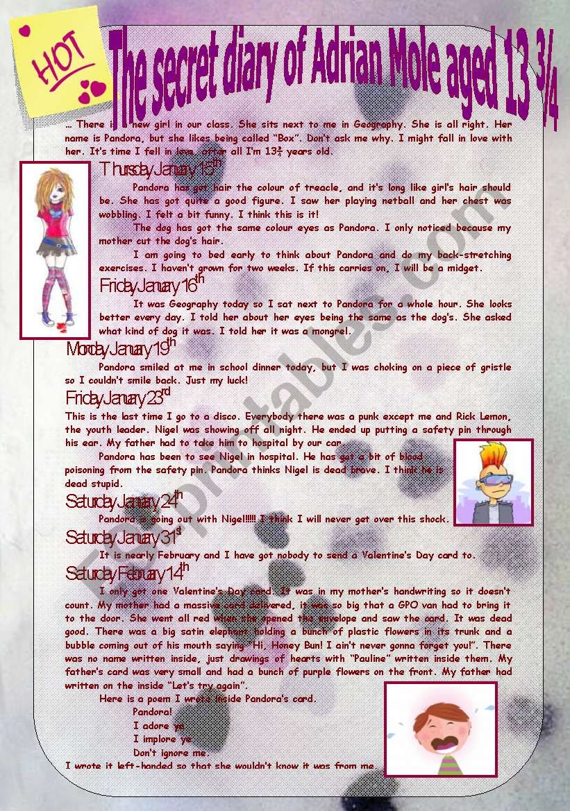 The secret diary of Adrian Mole â€“ reading comprehension and writing (key included)