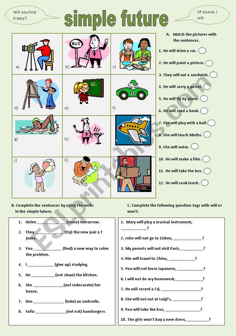 Simple future exercises: matching sentences with pictures, completing sente...