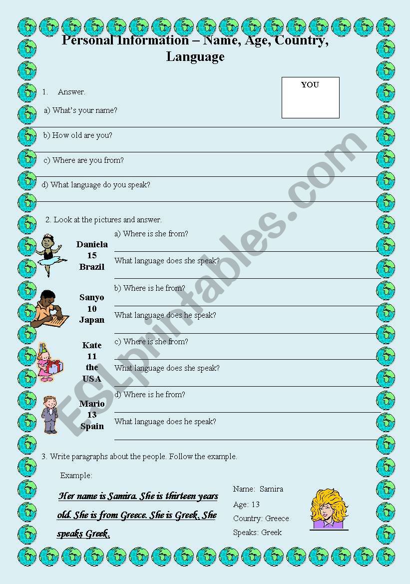 Personal Information worksheet