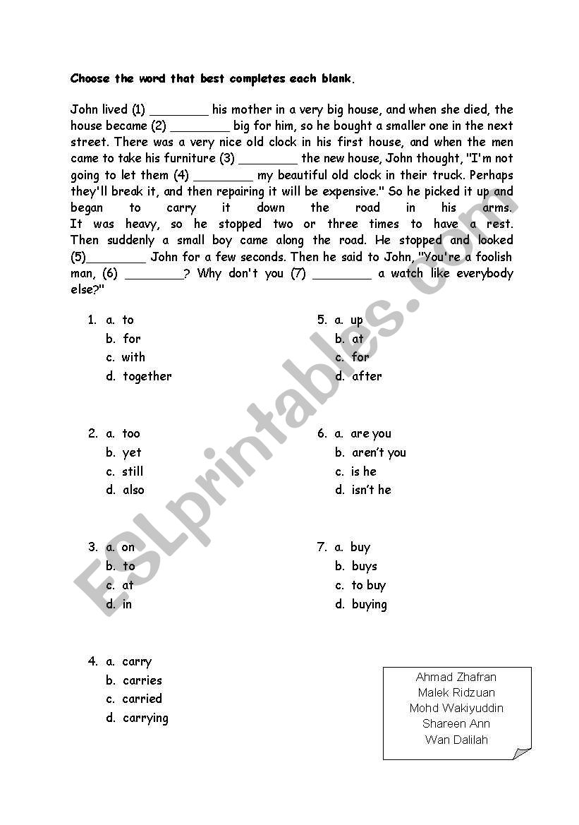 cloze test worksheet