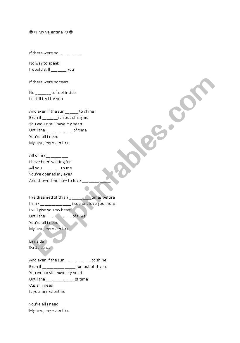My Valentine song worksheet