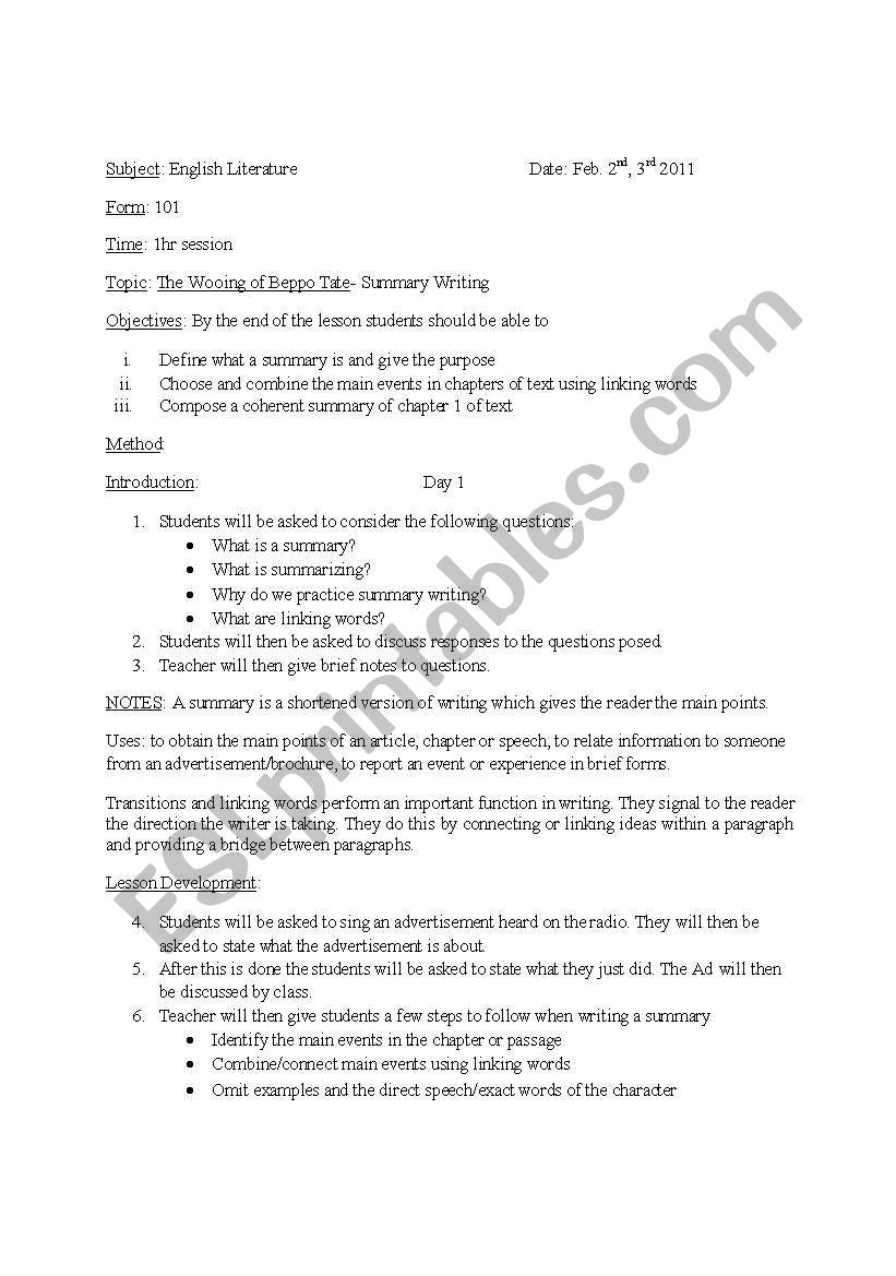 Summary Writing in Novels worksheet