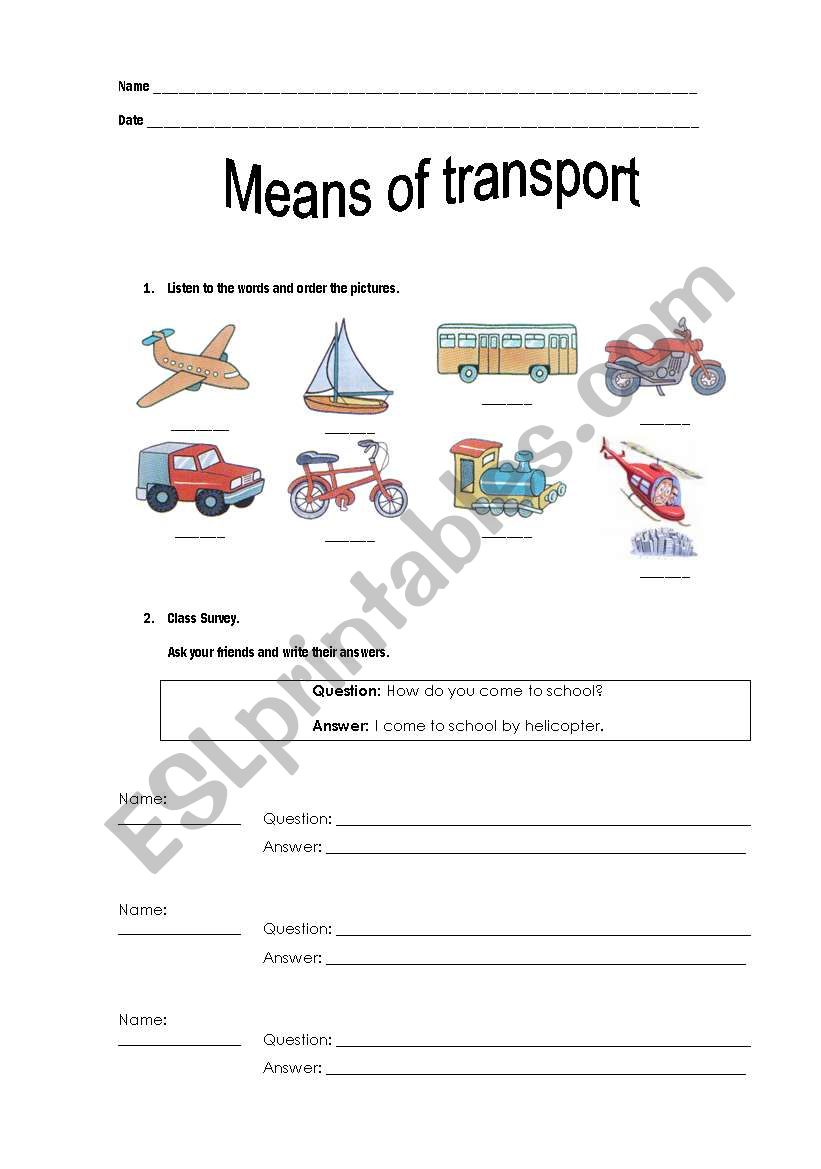 Means of transport worksheet