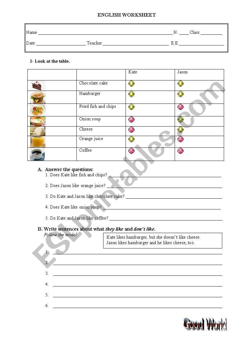 Likes and Dislikes worksheet