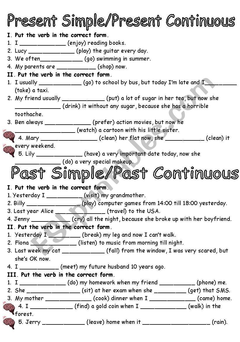 present simple, past simple, present continuous, past continuous test paper.