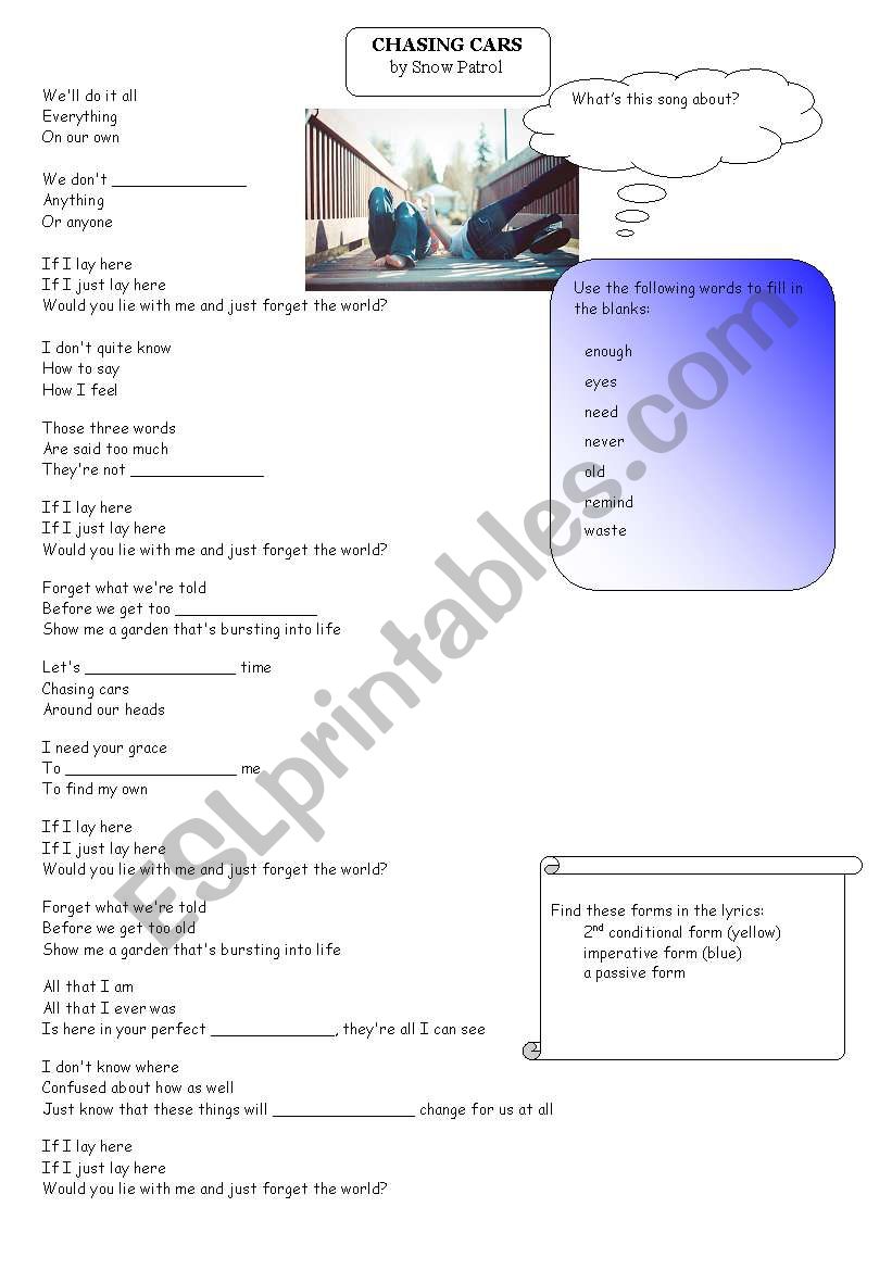 Song worksheet: Chasing cars by Snow Patrol