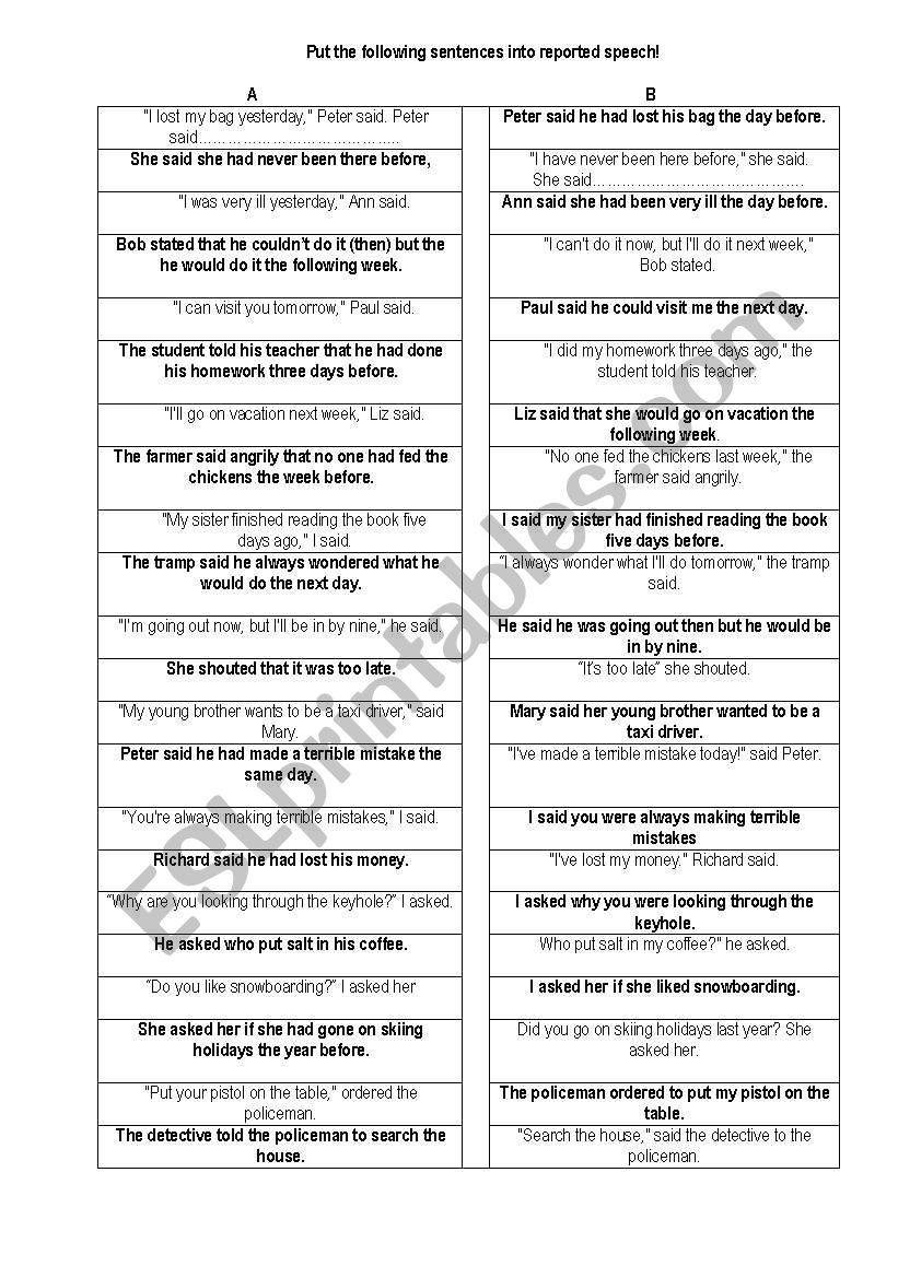 reported speech worksheet