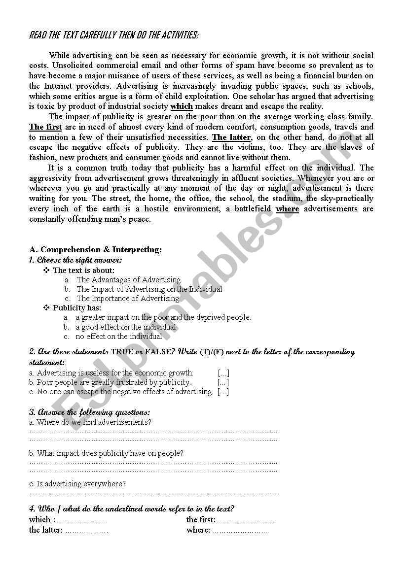 Advertising and Publicity worksheet