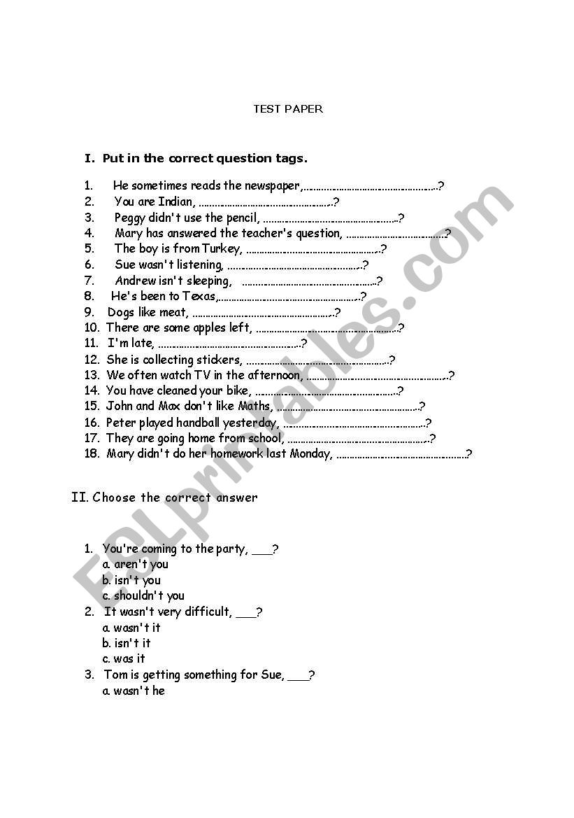 Tag questions worksheet