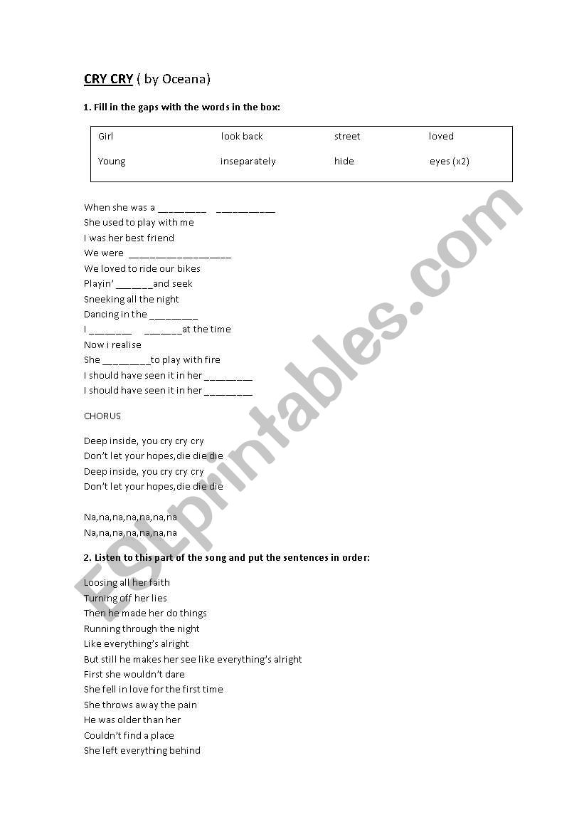 song Cry-cry oceana worksheet
