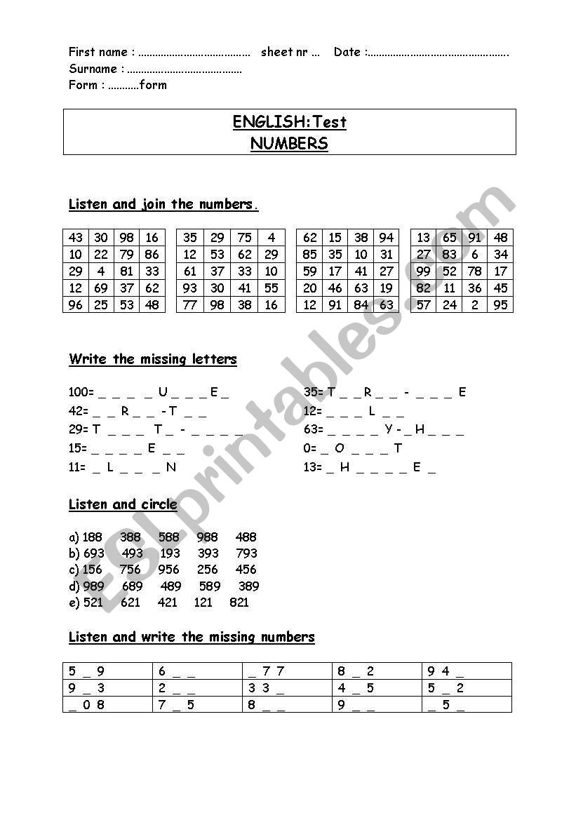 NUMBERS -->100 written test worksheet