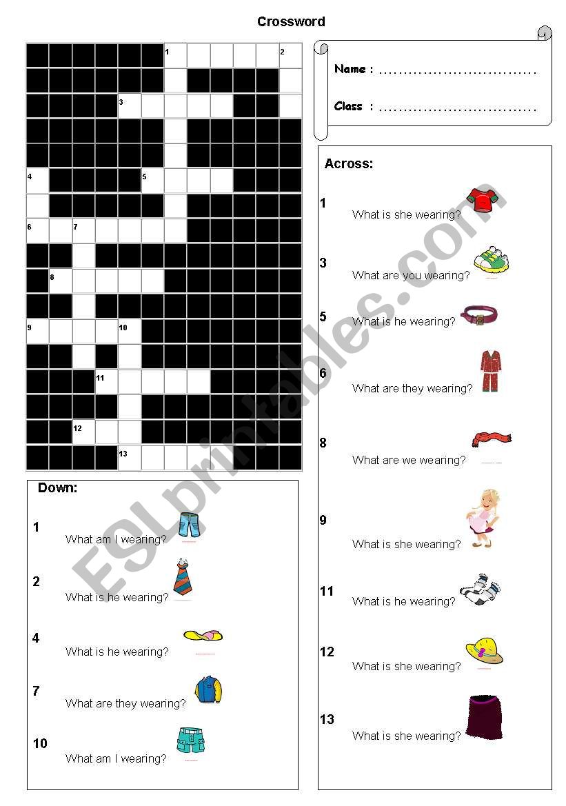 Crossword Clothes (Present Continuous Tense)