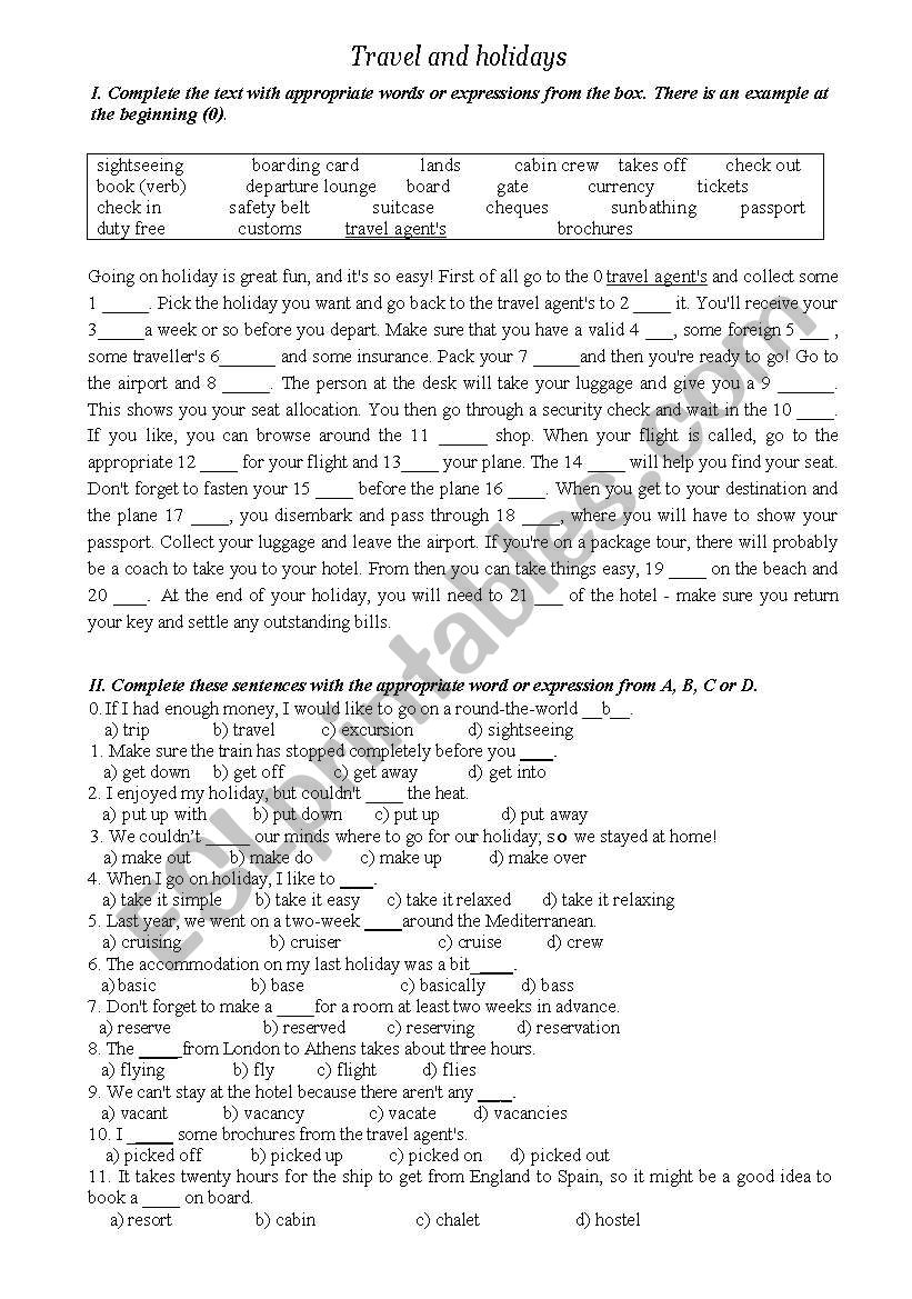 Travel and holidays worksheet