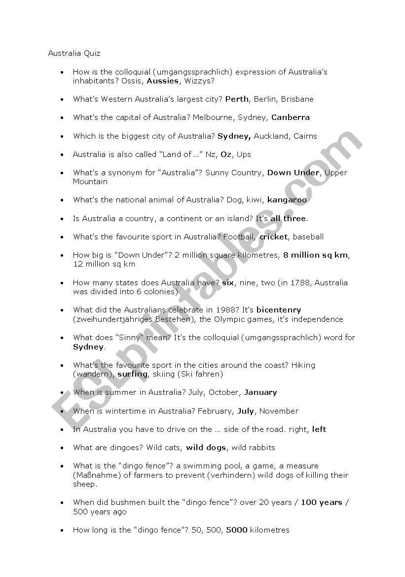 Australia Quiz Questions Esl Worksheet By Jgieger