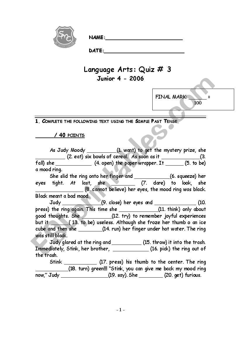 Test: simple Past worksheet