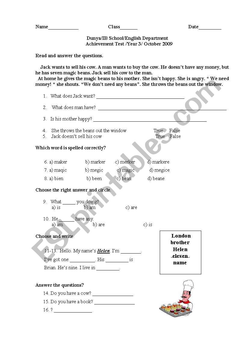 Reading,grammar,writing worksheet