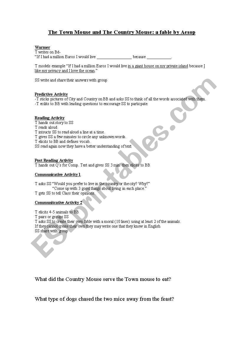 the town and country mouse worksheet