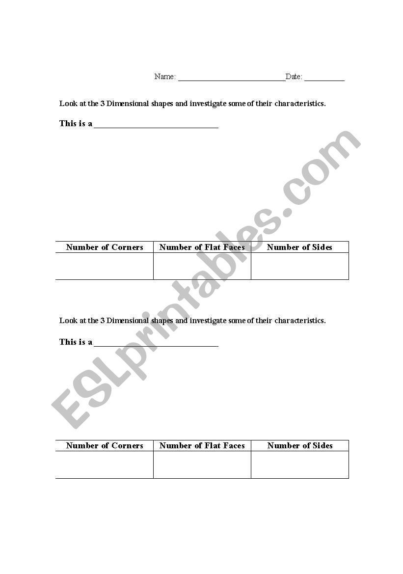 Three Dimensional Shapes worksheet