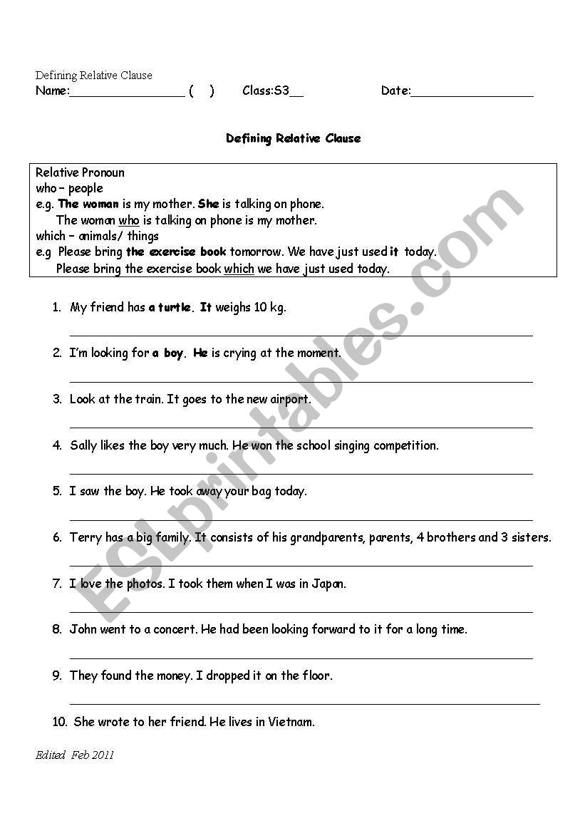 Defining Relative Clause worksheet