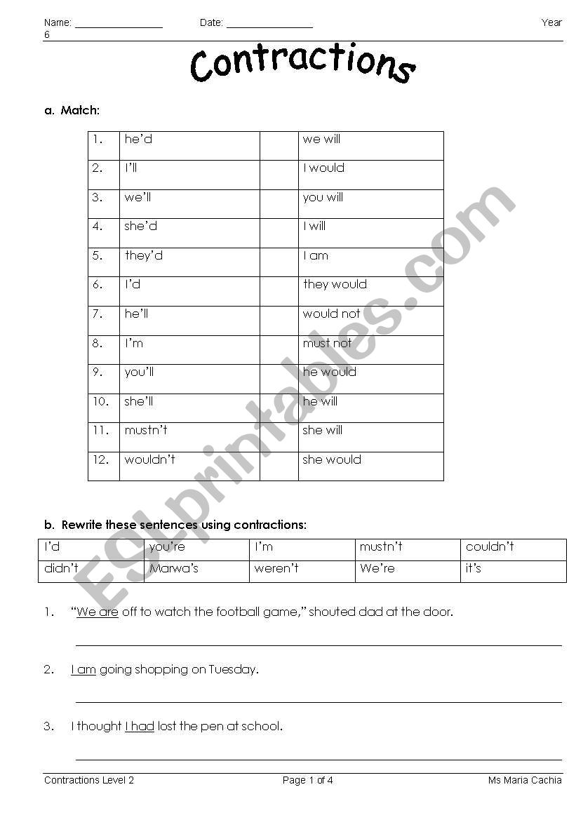 Contractions worksheet