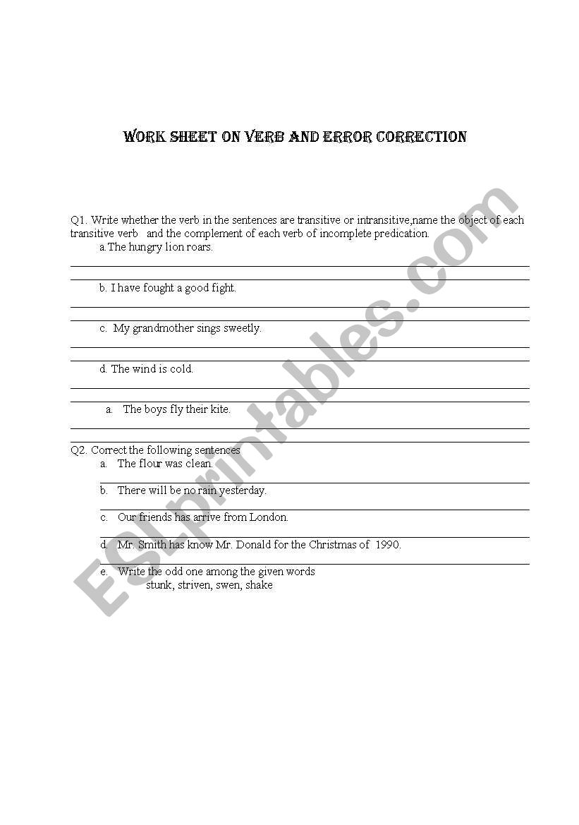 WORKSHEET ON VERB AND ERROR CORRECTION