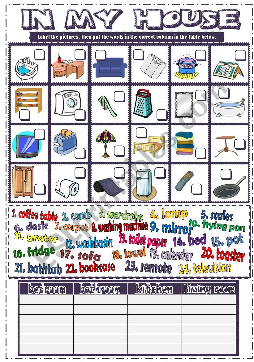 IN MY HOUSE (B&W + KEY) worksheet