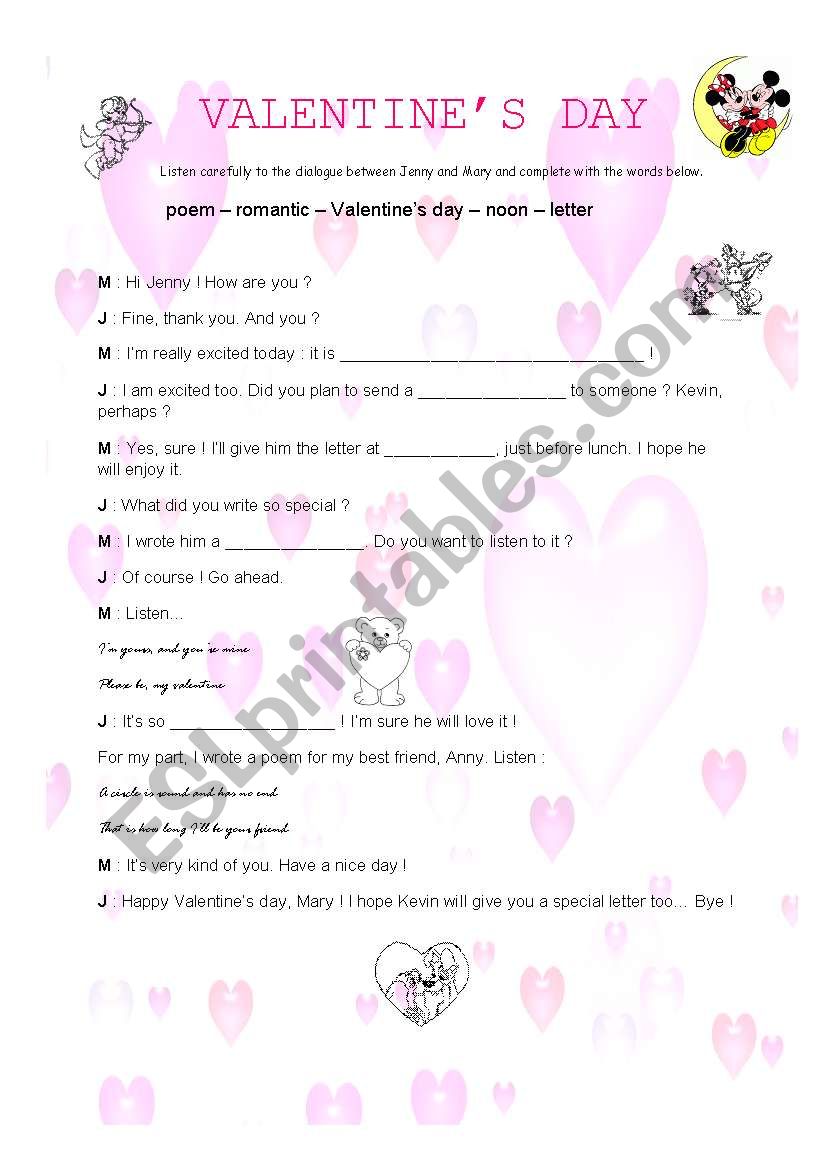 Valentines day dialogue worksheet