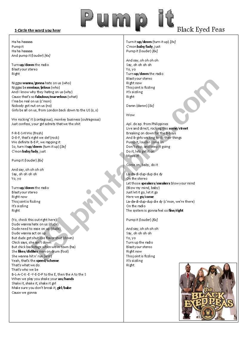 PUMP IT by Black Eyed Peas worksheet