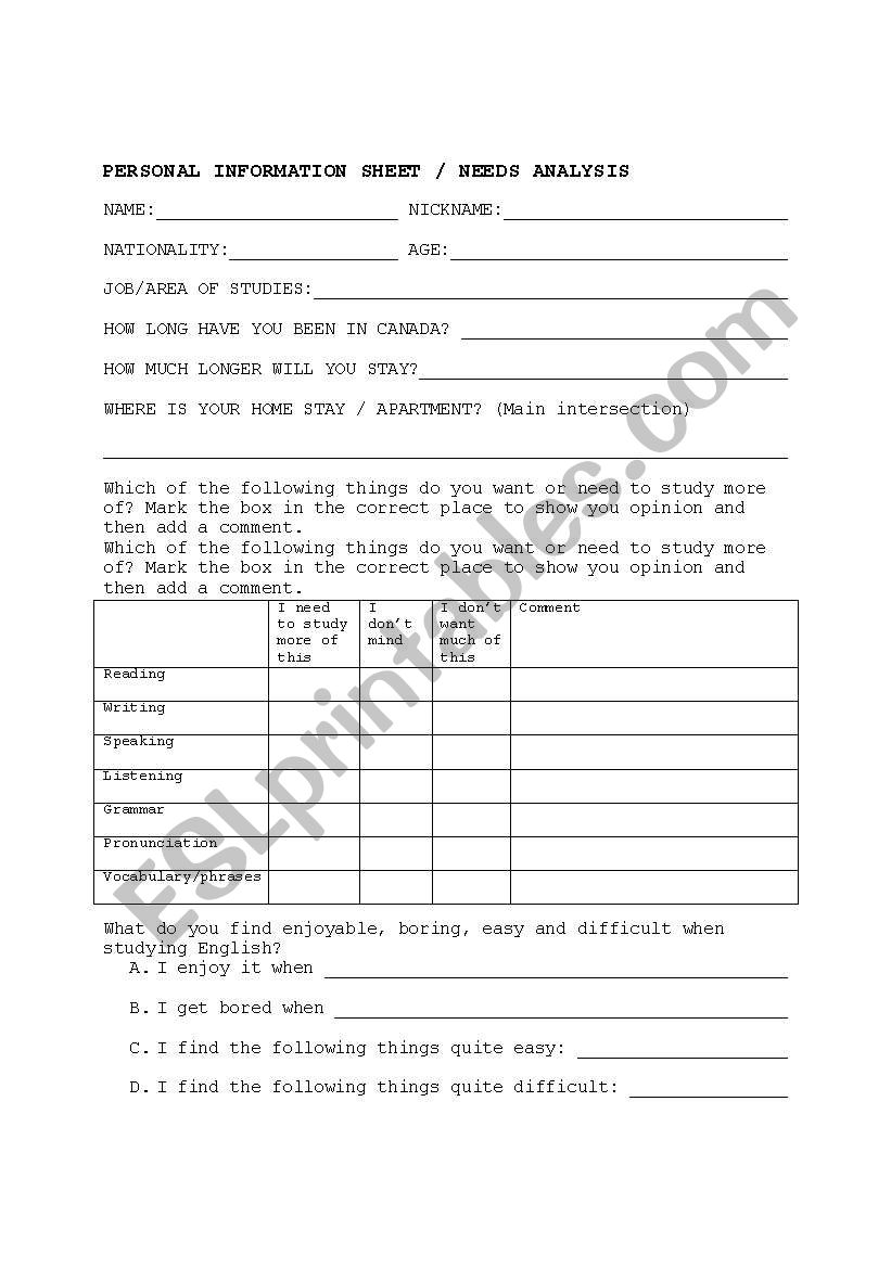 Personal Information Sheet worksheet