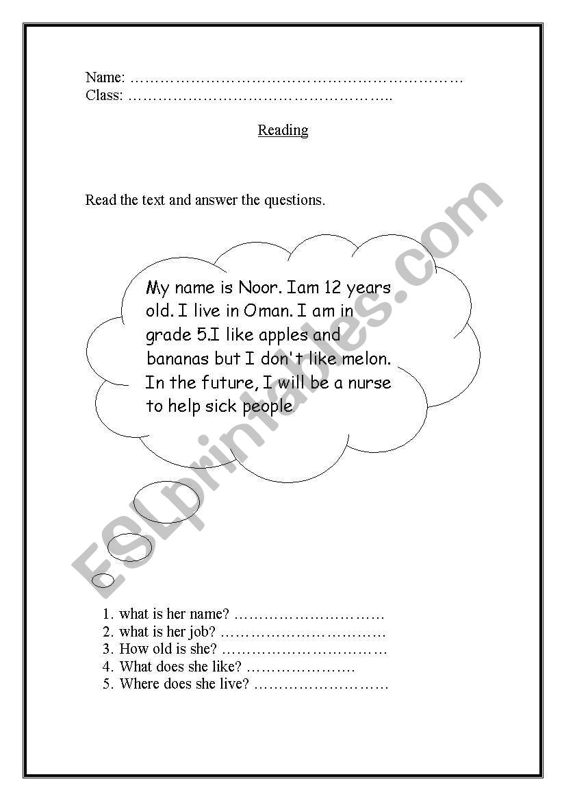 Reading worksheet