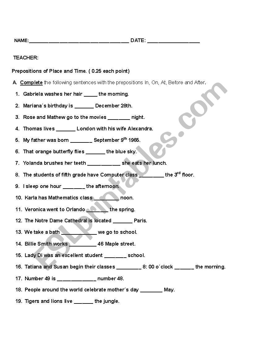 prepositions of Place and Time