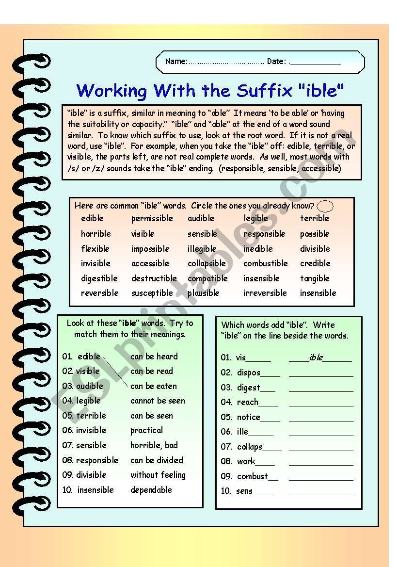 Working with the suffix ible.  with Answer Key and Editable