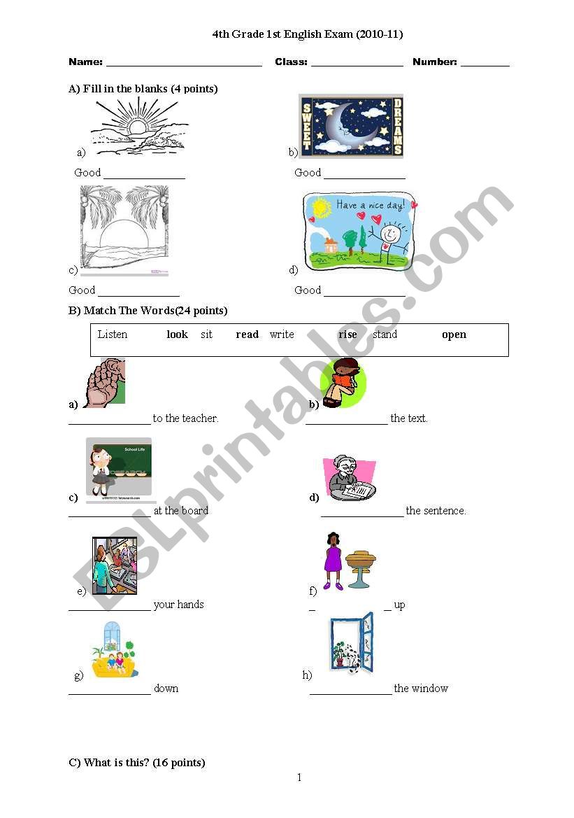 4th grade written exam worksheet