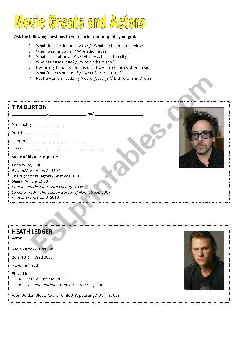 Pairwork - Actor and Director worksheet