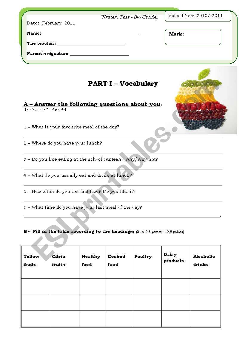 FOOD worksheet