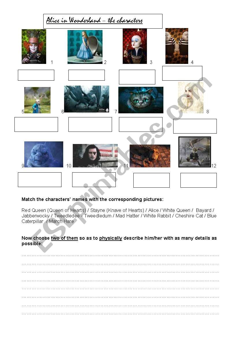 Alice s characters worksheet