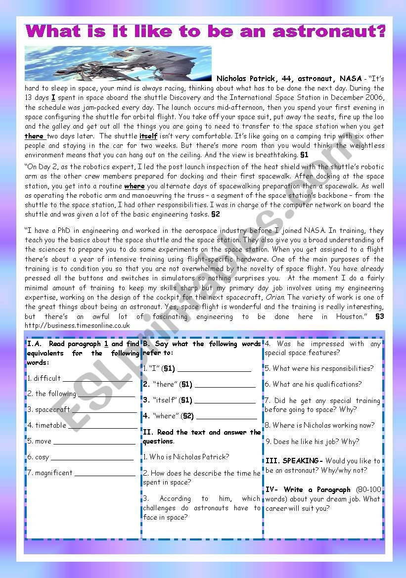 WHAT IS IT LIKE TO BE AN ASTRONAUT? - ESL worksheet by teresapr